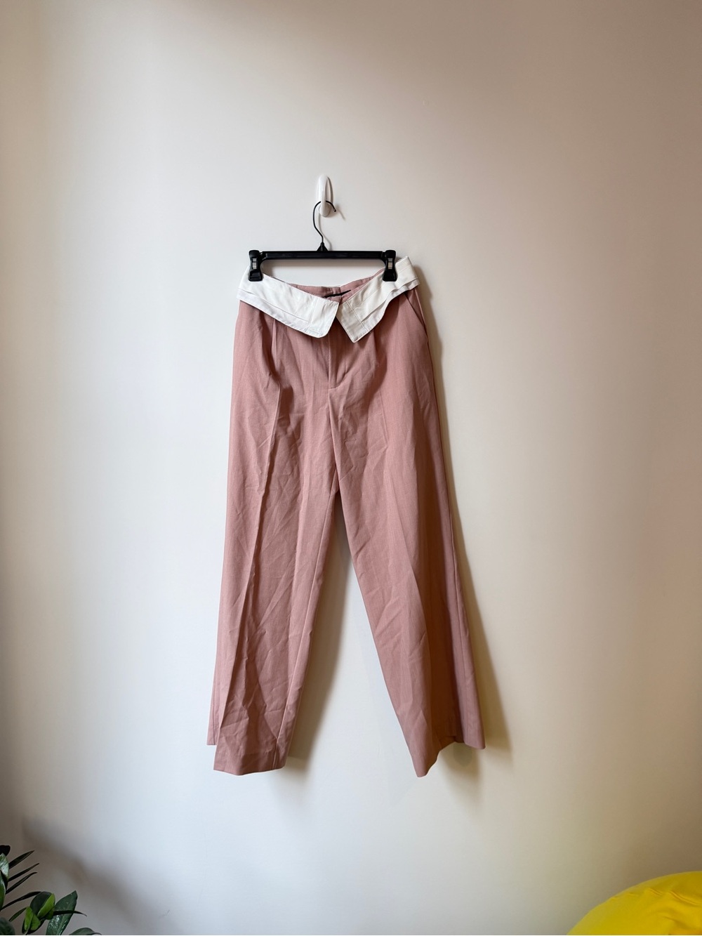 Zara High-Waist Dusty Rose Pants with White Fold-Over Waist